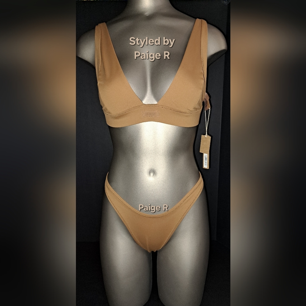 ❤NWT SKIMS Swim Plunge Top Cheeky Tanga Bikini Swimsuit Suit Set Brown ALMOND M